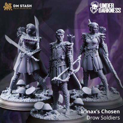 Irinax’s Chosen-Drow Soldiers x3| DM-Stash |3D-Miniatur |Tabletop|Lifting the Veil Pt ll - Under Darkness| Drow Soldiers |DnD 5e+Datenblatt