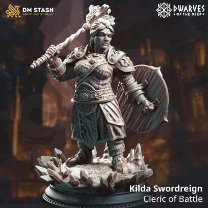 Kilda Swordreign - Cleric of Battle  | DM-Stash | 3D-Miniatur | Tabletop | The Rupture Pt II: Dwarves of the Deep| DnD 5e+Datenblatt
