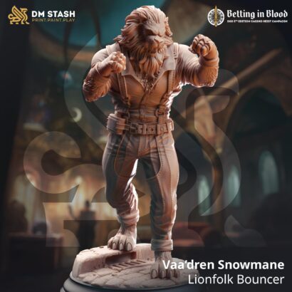 Vaa’dren Snowmane - Lionfolk Bouncer |DM-Stash| 3D-Miniatur | Tabletop |Betting in Blood|Bouncer/Türsteher|DnD 5e+Datenblatt