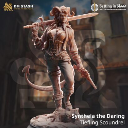 Syntheia the Daring - Tiefling Scoundrel |DM-Stash| 3D-Miniatur | Tabletop |Betting in Blood|Tiefling|DnD 5e+Datenblatt