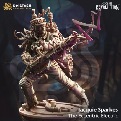 Jacquie Sparkes - The Eccentric Electric|3D-Minis|32mm|40mm|DM-Stash|Cogs of Revolution|DnD5e+Datenblatt|Human|Steampunk|Miniature|DnD-Mini