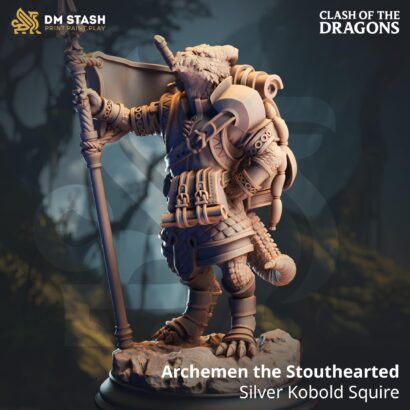 Archemen the Stouthearted - Silver Kobold Squire| DM-Stash|3D-Miniatur|Tabletop|Clash of the Dragons: One Evil for Another|DnD 5e+Datenblatt