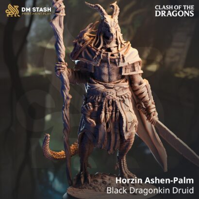 Horzin Ashen-Palm - Black Dragonkin Druid| DM-Stash|3D-Miniatur|Tabletop|Clash of the Dragons: One Evil for Another|DnD 5e+Datenblatt