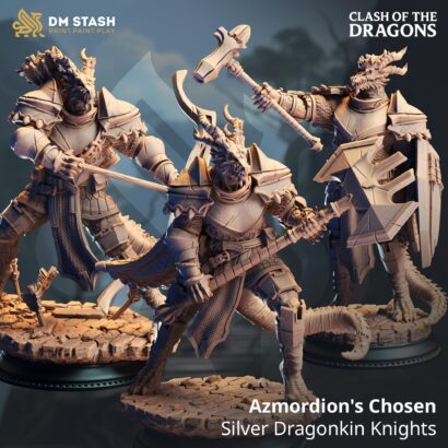 3x Azmordion_s Chosen - Silver Dragonkin Knights| DM-Stash|3D-Miniatur|Tabletop|Clash of the Dragons: One Evil for Another|DnD 5e+Datenblatt
