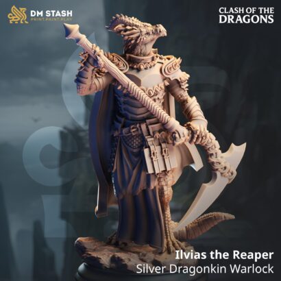 Ilvias_the_Reaper_-_Silver_Dragonkin_Warlock | DM-Stash|3D-Miniatur|Tabletop|Clash of the Dragons: One Evil for Another|DnD 5e+Datenblatt
