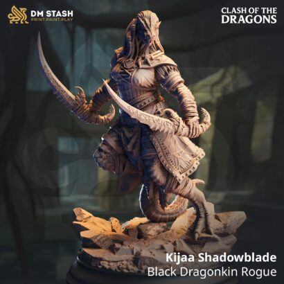 Kijaa Shadowblade - Black Dragonkin Rogue | DM-Stash|3D-Miniatur|Tabletop|Clash of the Dragons: One Evil for Another|DnD 5e+Datenblatt