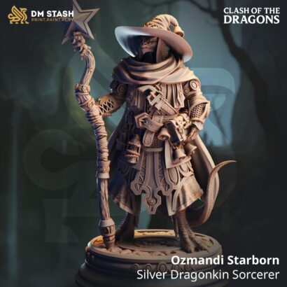 Ozmandi Starborn - Silver Dragonkin Sorcerer| DM-Stash|3D-Miniatur|Tabletop|Clash of the Dragons: One Evil for Another|DnD 5e+Datenblatt
