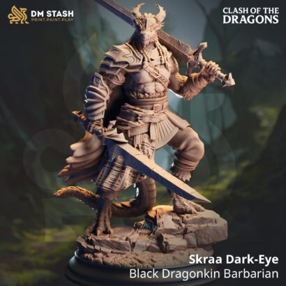 Skraa Dark-Eye - Black Dragonkin Barbarian| DM-Stash|3D-Miniatur|Tabletop|Clash of the Dragons: One Evil for Another|DnD 5e+Datenblatt