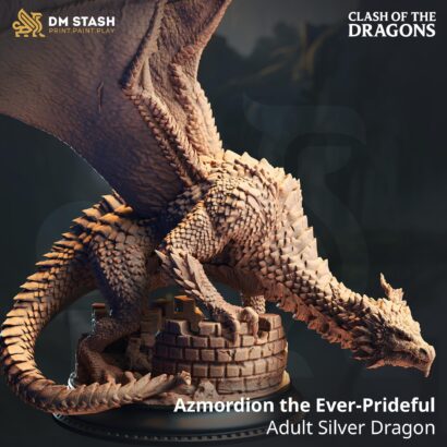 Azmordion the Ever-Prideful-Adult Silver Dragon| DM-Stash|3D-Miniatur|Tabletop|Clash of the Dragons: One Evil for Another|DnD 5e+Datenblatt