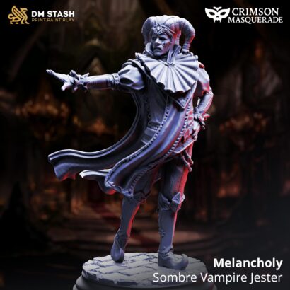 Melancholy – Sombre Vampire Jester - Masked+Unmasked| DM-Stash|3D-Miniatur|Tabletop|Red Autumn Pt I - Crimson Masquerade|DnD 5e+Datenblatt