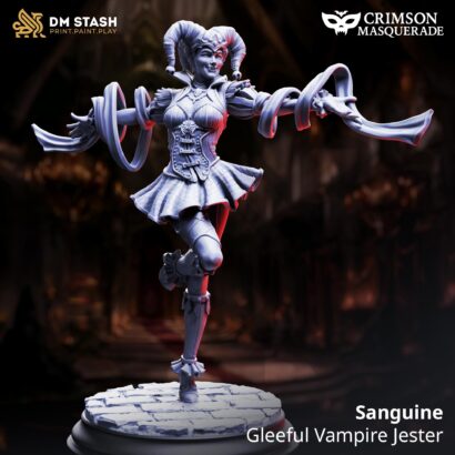Sanguine – Gleeful Vampire Jester Masked+Unmasked| DM-Stash|3D-Miniatur|Red Autumn Pt I - Crimson Masquerade|DnD 5e+Datenblatt